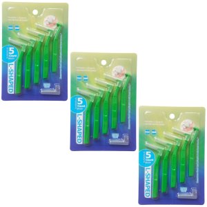 Mezizubní kartáčky, cenově zvýhodněná sada 3 x 5 ks, tloušťka 0,8 mm, tvar L, barva zelená Mezizubní kartáčky, cenově zvýhodněná sada 3 x 5 ks, tloušťka 0,8 mm, tvar L, barva zelená