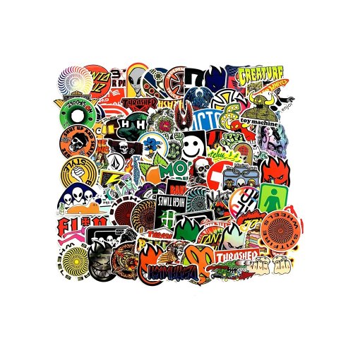 100 ks barevných samolepek na skateboard, snowboard, notebook, kytaru, ap., materiál vinyl, laminovaný povrch, odolné vůči vyblednutí, voděodolné. SNB STICKERS