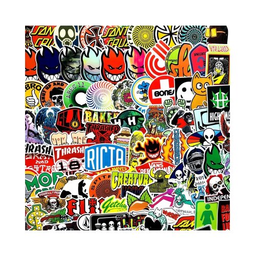 100 ks barevných samolepek na skateboard, snowboard, notebook, kytaru, ap., materiál vinyl, laminovaný povrch, odolné vůči vyblednutí, voděodolné. SNB STICKERS