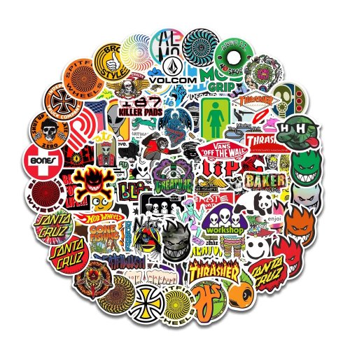 100 ks barevných samolepek na skateboard, snowboard, notebook, kytaru, ap., materiál vinyl, laminovaný povrch, odolné vůči vyblednutí, voděodolné. SNB STICKERS