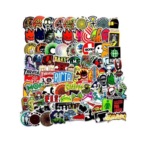 100 ks barevných samolepek na skateboard, snowboard, notebook, kytaru, ap., materiál vinyl, laminovaný povrch, odolné vůči vyblednutí, voděodolné. SNB STICKERS
