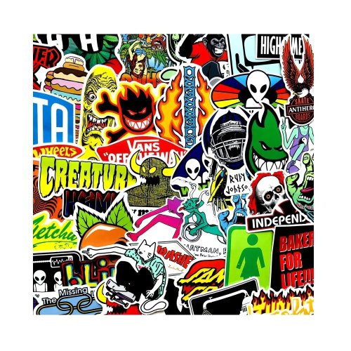 100 ks barevných samolepek na skateboard, snowboard, notebook, kytaru, ap., materiál vinyl, laminovaný povrch, odolné vůči vyblednutí, voděodolné. SNB STICKERS