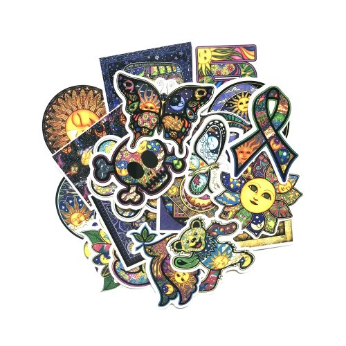 25 ks barevných samolepek na skateboard, snowboard, notebook, kytaru, ap., materiál vinyl, laminovaný povrch, odolné vůči vyblednutí, voděodolné. ASTRO STICKERS