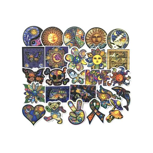 25 ks barevných samolepek na skateboard, snowboard, notebook, kytaru, ap., materiál vinyl, laminovaný povrch, odolné vůči vyblednutí, voděodolné. ASTRO STICKERS