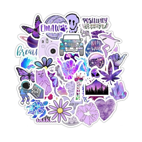 50 ks barevných samolepek na skateboard, snowboard, notebook, kytaru, ap., materiál vinyl, laminovaný povrch, odolné vůči vyblednutí, voděodolné. VIOLETA STICKERS