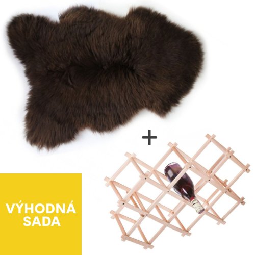 Ovčí kožešina hnědá + dřevěný stojan na víno