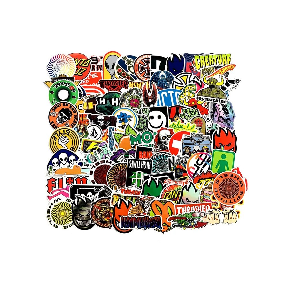 100 ks barevných samolepek na skateboard, snowboard, notebook, kytaru, ap., materiál vinyl, laminovaný povrch, odolné vůči vyblednutí, voděodolné. SNB STICKERS 100 ks barevných samolepek na skateboard, snowboard, notebook, kytaru, ap., materiál vinyl, laminovaný povrch, odolné vůči vyblednutí, voděodolné. SNB STICKERS
