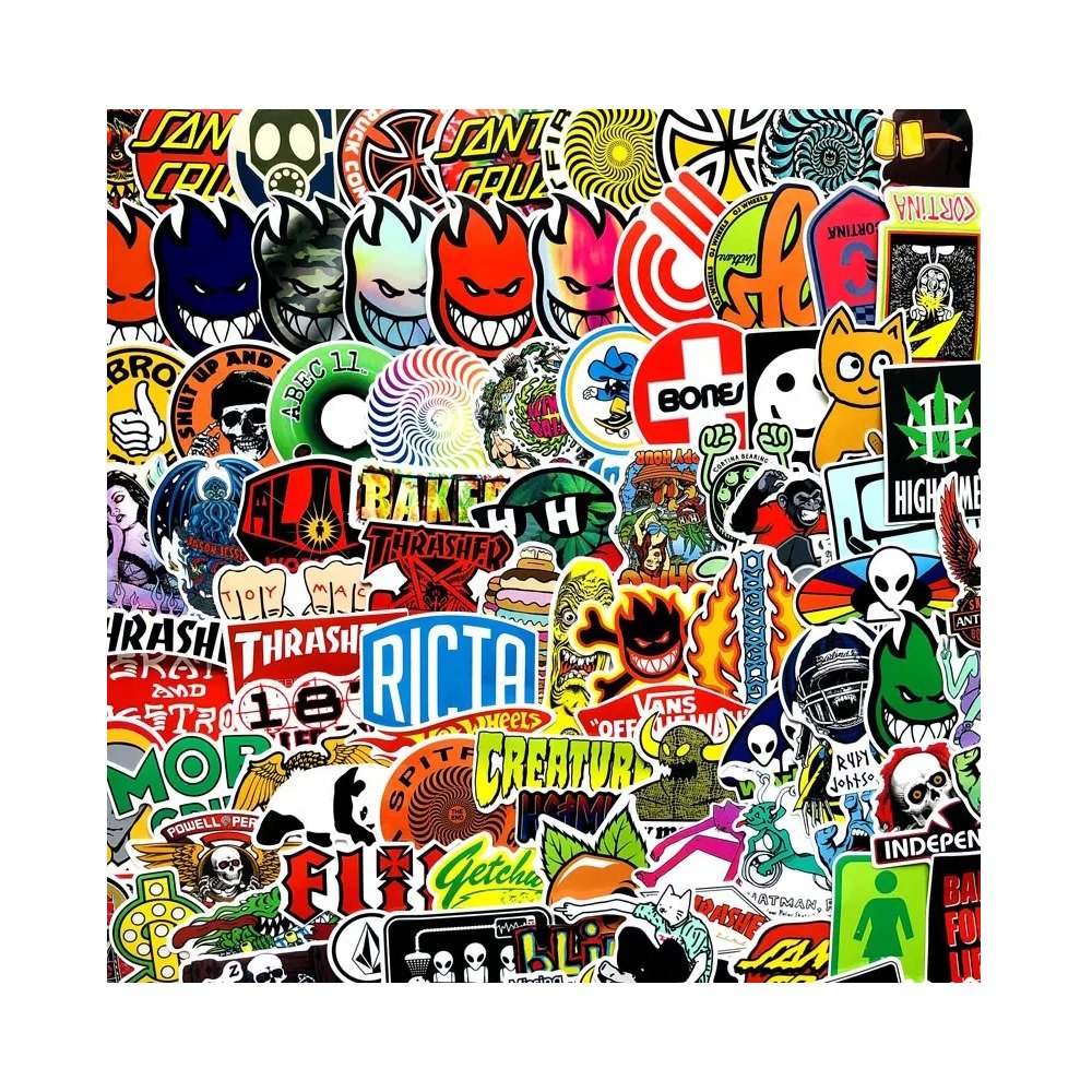 100 ks barevných samolepek na skateboard, snowboard, notebook, kytaru, ap., materiál vinyl, laminovaný povrch, odolné vůči vyblednutí, voděodolné. SNOWBOARD STICKERS