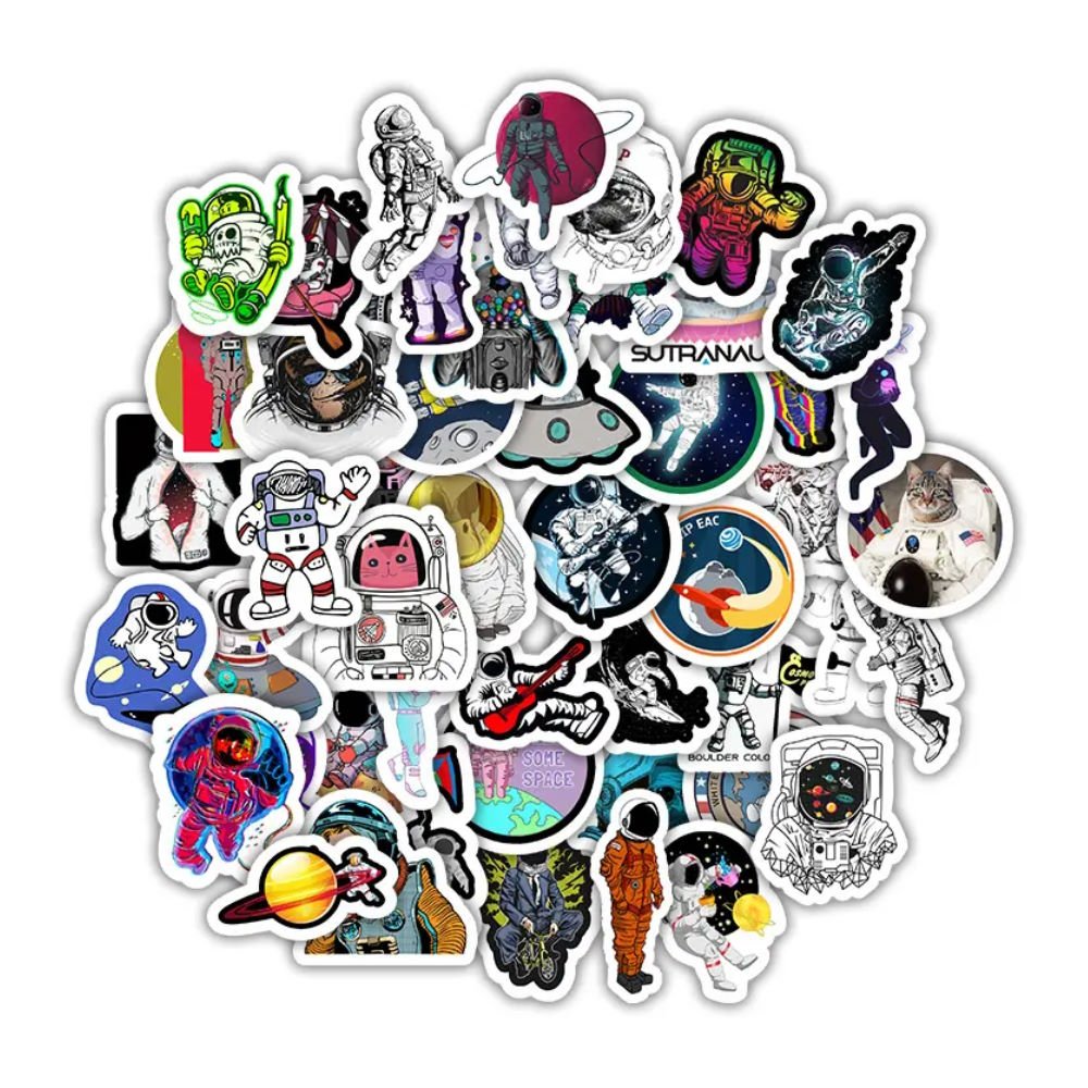 50 ks barevných samolepek na skateboard, snowboard, notebook, kytaru, ap., materiál vinyl, laminovaný povrch, odolné vůči vyblednutí, voděodolné. SPACEMAN STICKERS