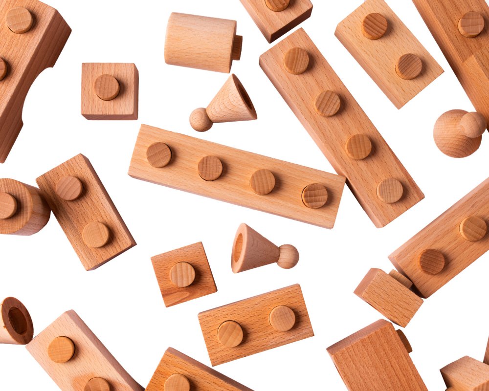 Dětské dřevěné hrací kostky HRAD 56ks, přírodní