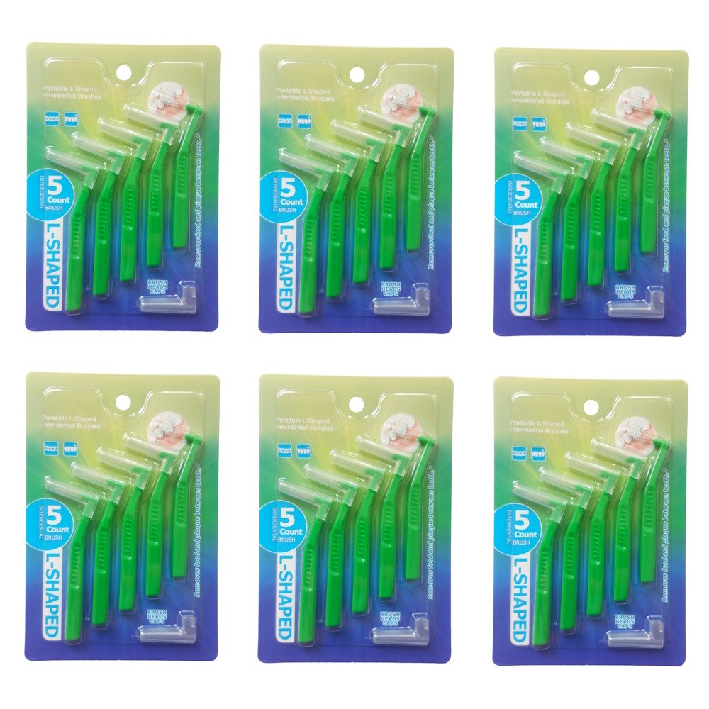 Mezizubní kartáčky, cenově zvýhodněná sada 6 x 5 ks, tloušťka 0,8 mm, tvar L, barva zelená