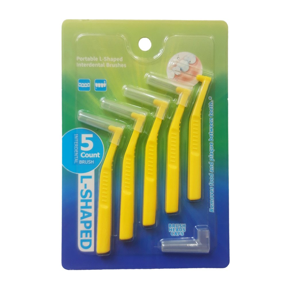 Mezizubní kartáčky, tvar L, tloušťka drátku 0,7 mm, barva žlutá, 5 ks v balení + hygienické krytky