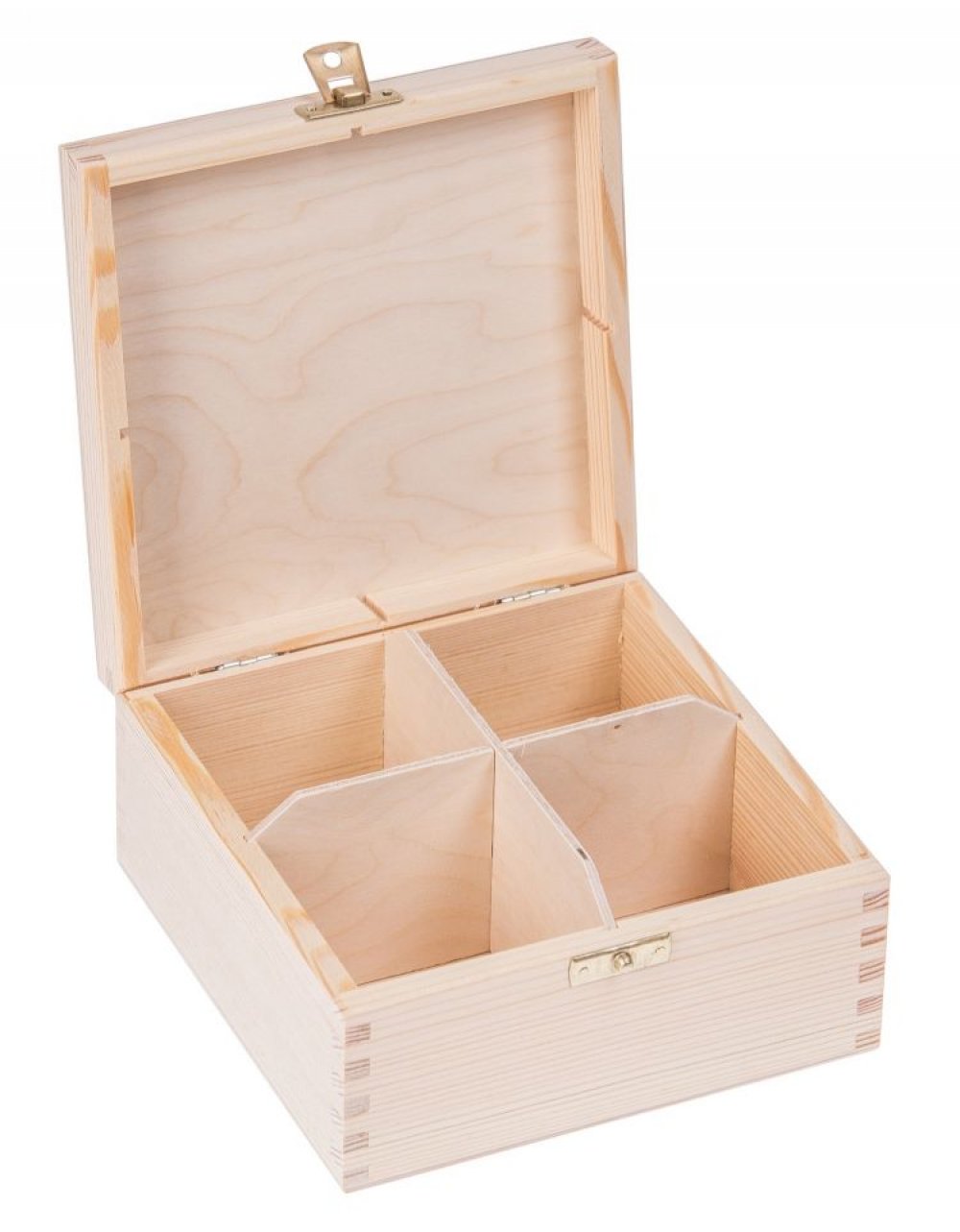 Přírodní dřevěná čajová kazeta 4 přihrádky, 16x16x8 cm zapínací Přírodní dřevěná čajová kazeta 4 přihrádky, 16x16x8 cm zapínací
