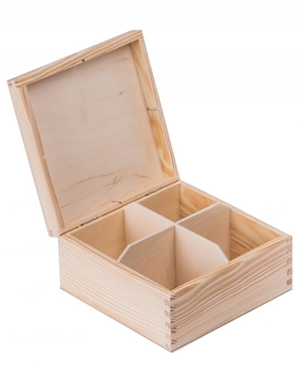 Přírodní dřevěná čajová kazeta 4 přihrádky, 16x16x8 cm Přírodní dřevěná čajová kazeta 4 přihrádky, 16x16x8 cm