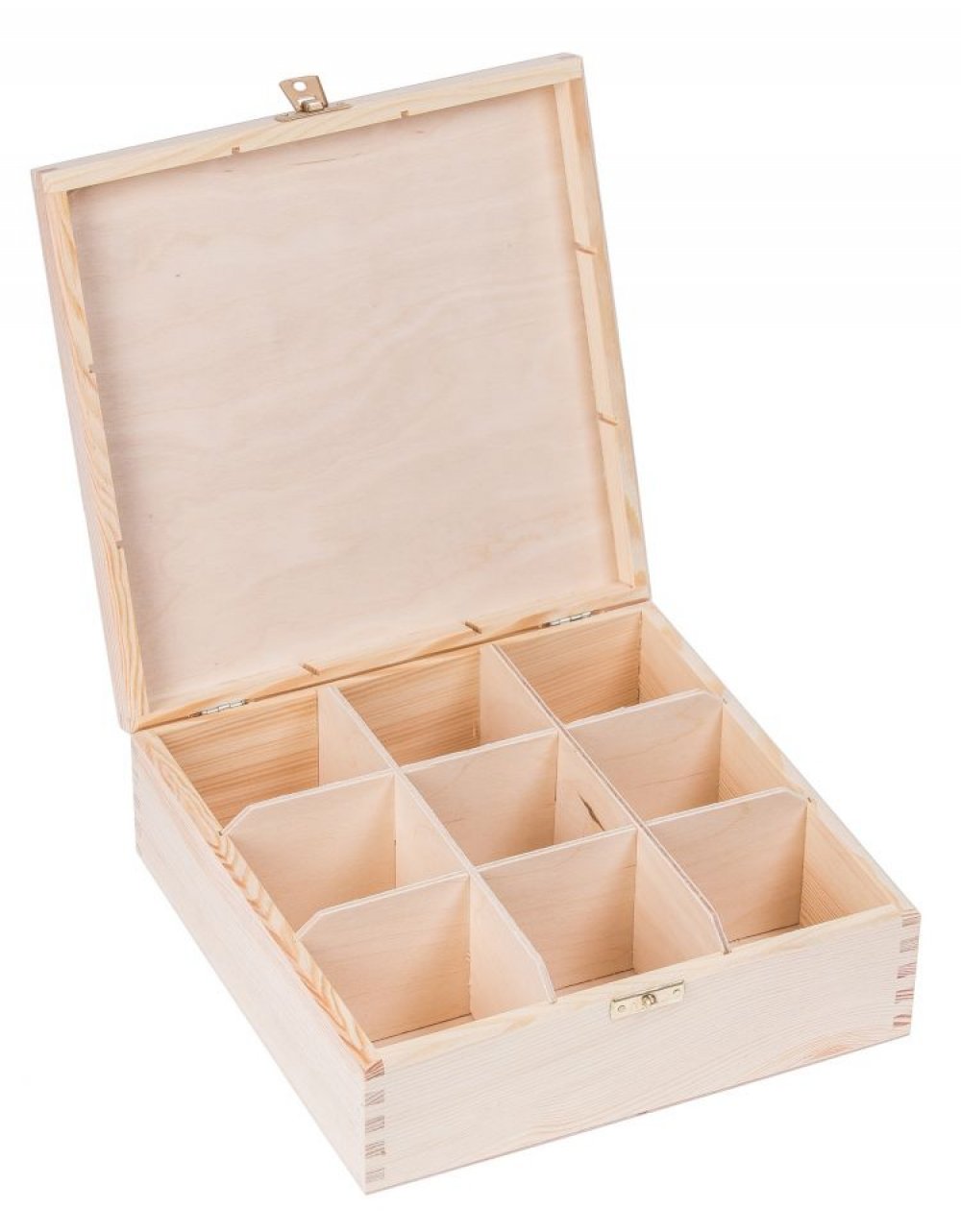 Přírodní dřevěná čajová kazeta 9 přihrádek, 28x22x8 cm zapínací Přírodní dřevěná čajová kazeta 9 přihrádek, 28x22x8 cm zapínací